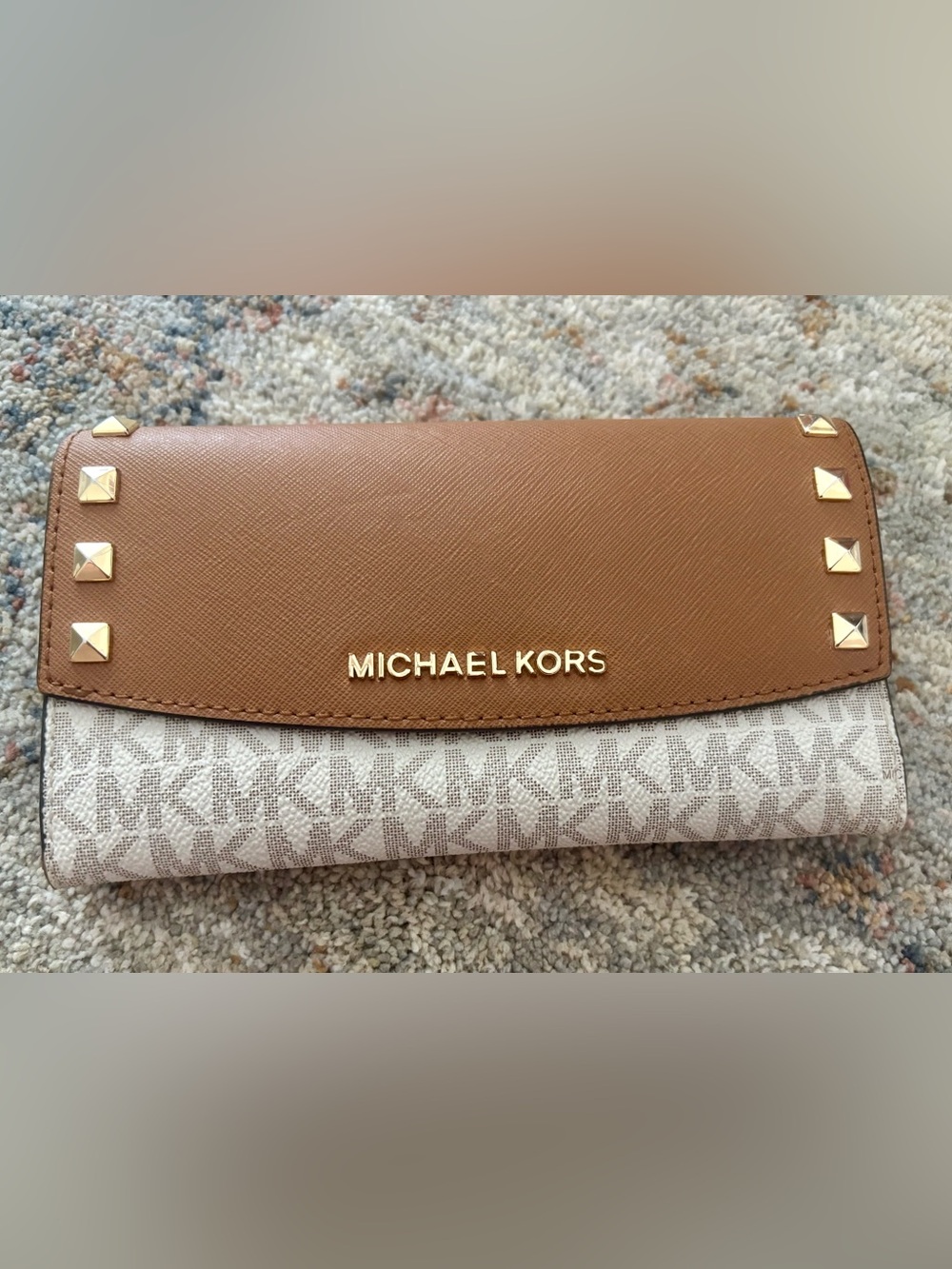 Michael Kors Tan and Cream Logo Studded Flap Wallet